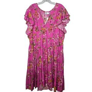 Proud Poppy Alexis Dress Pink Floral Button Front Flutter Sleeves Size XL